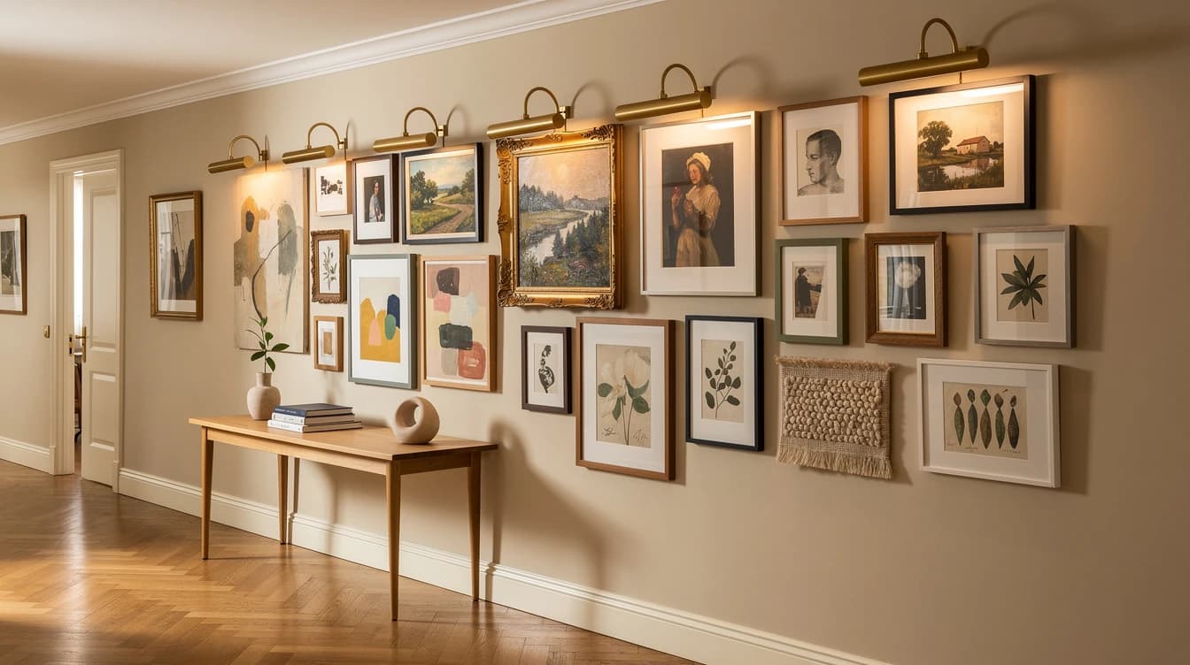 Long hallway with a row of frames