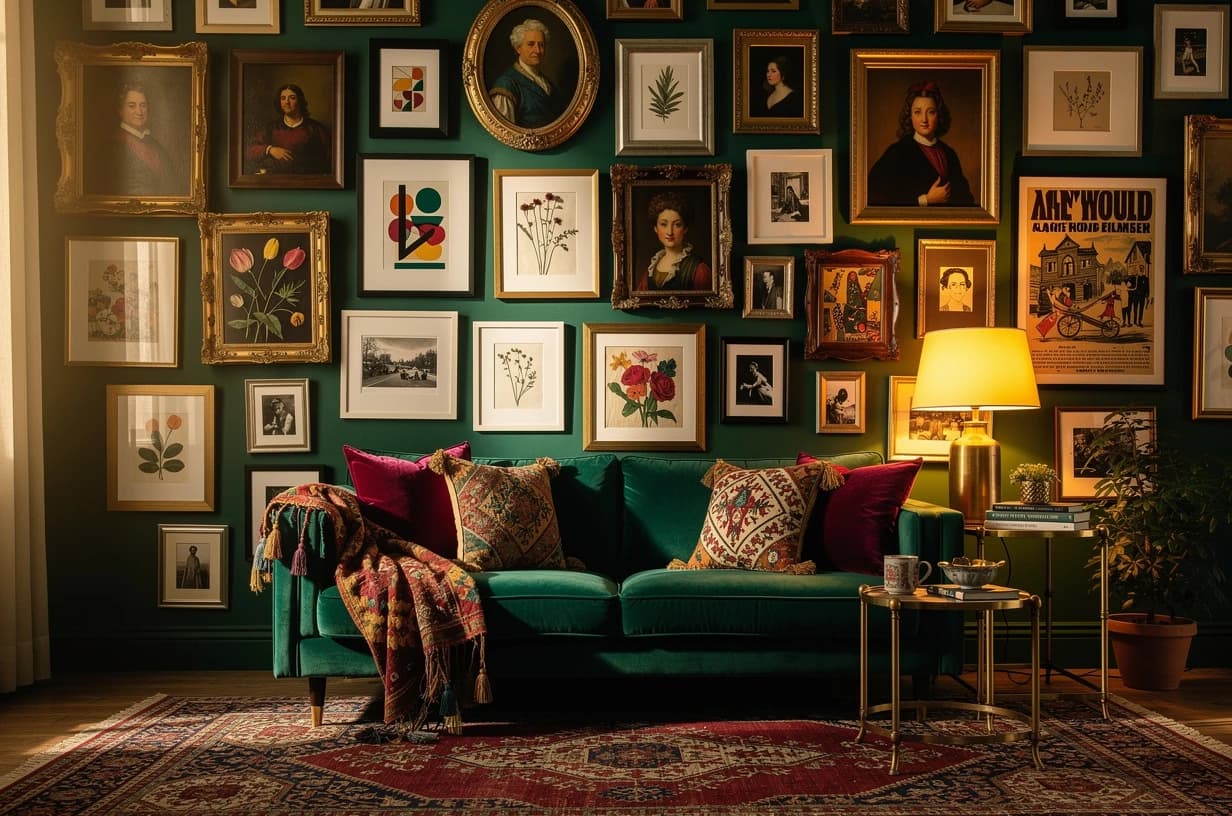 Wall full of frames in mixed styles
