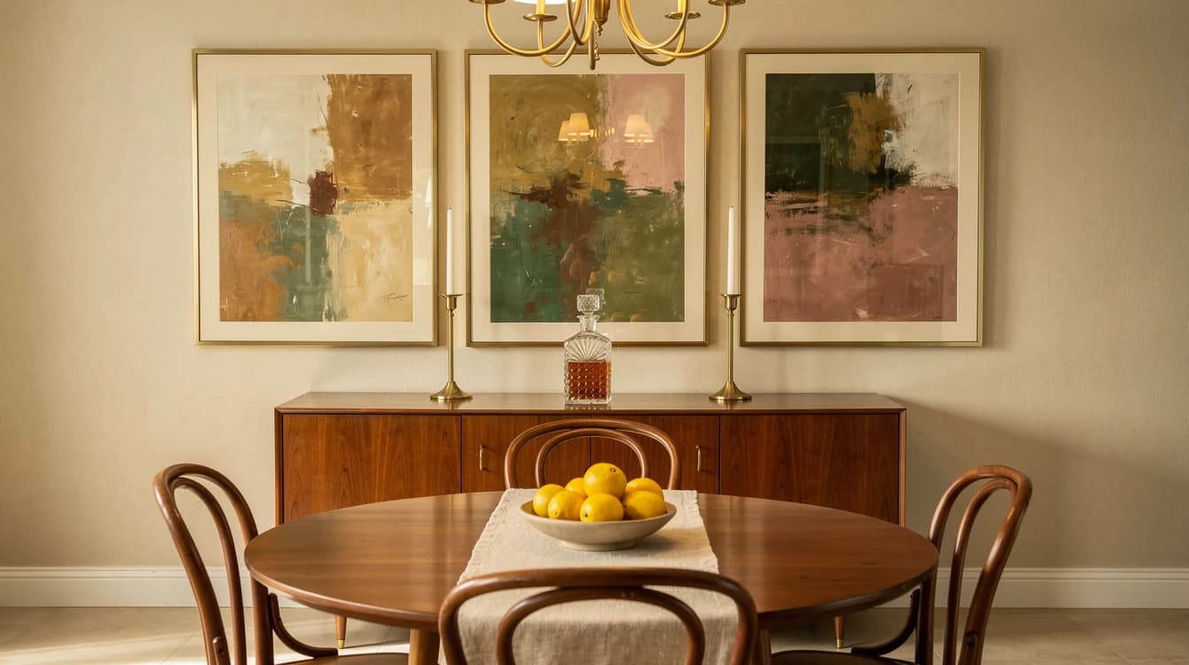 Dining room with a brass triptych