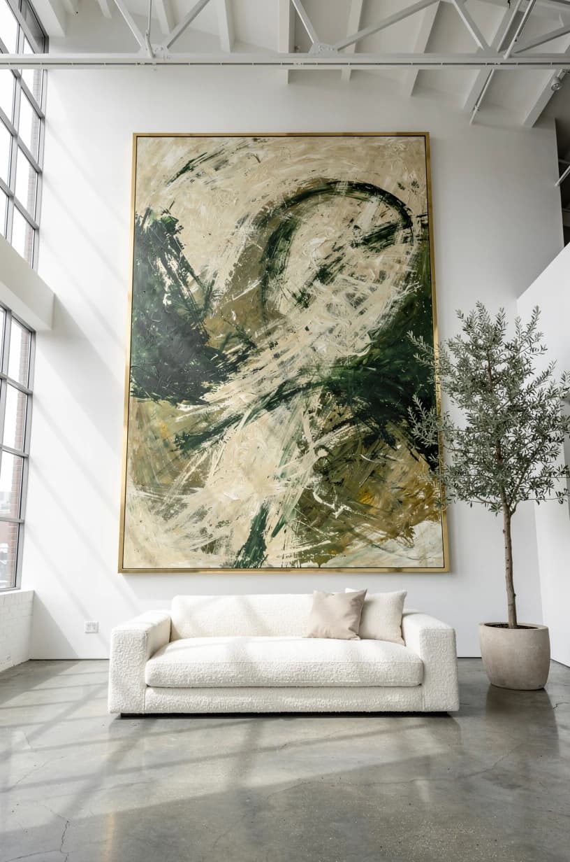 Large painting in a brass frame
