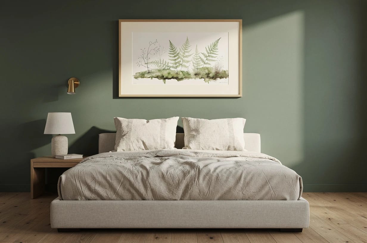 Sage green ložnice s botanickou akvarelou nad postelí